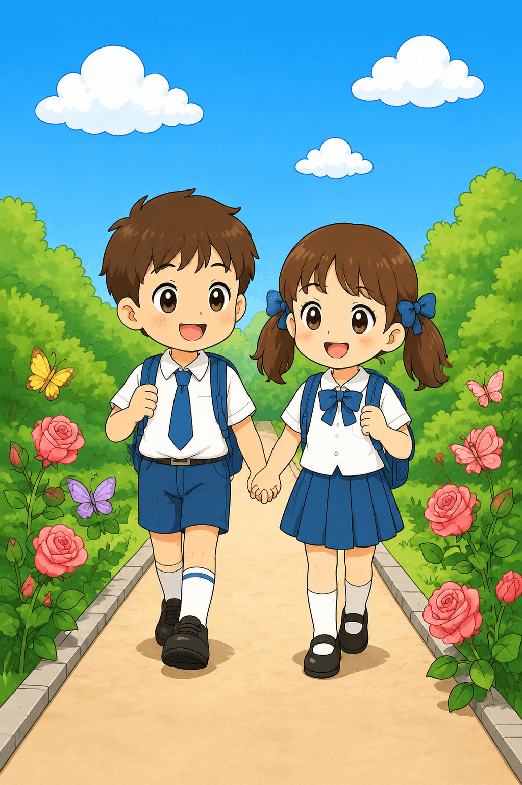 有一个小小男孩和一个小女孩背着书包要去上学,穿着校服,走在宽敞的小路上快乐去上学。手拉手,路边有玫瑰花,… | Coloring Inspiration | Colored Coloring Page
