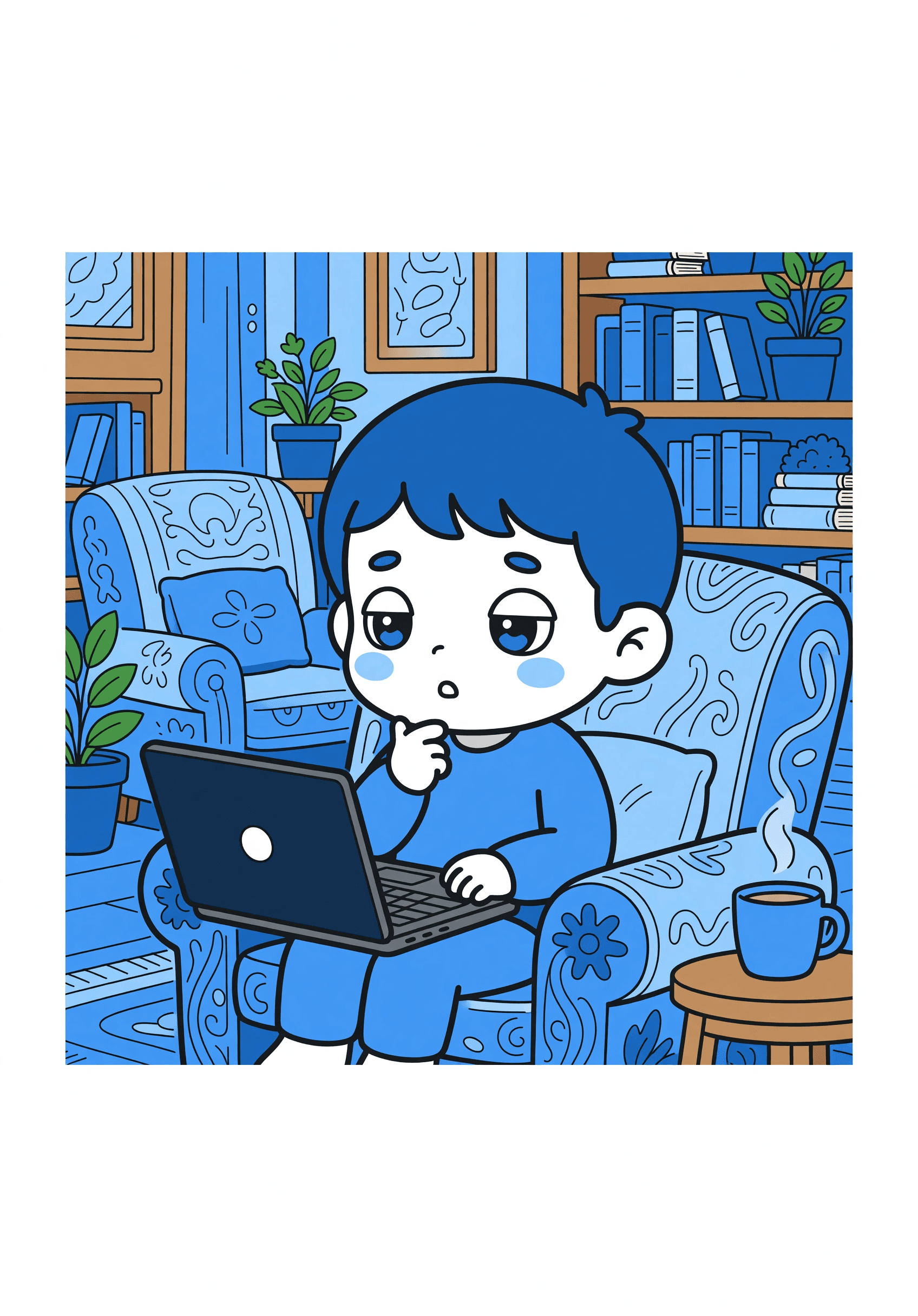 发呆的萌萌的人,手里拿着电脑 | Coloring Inspiration | Colored Coloring Page