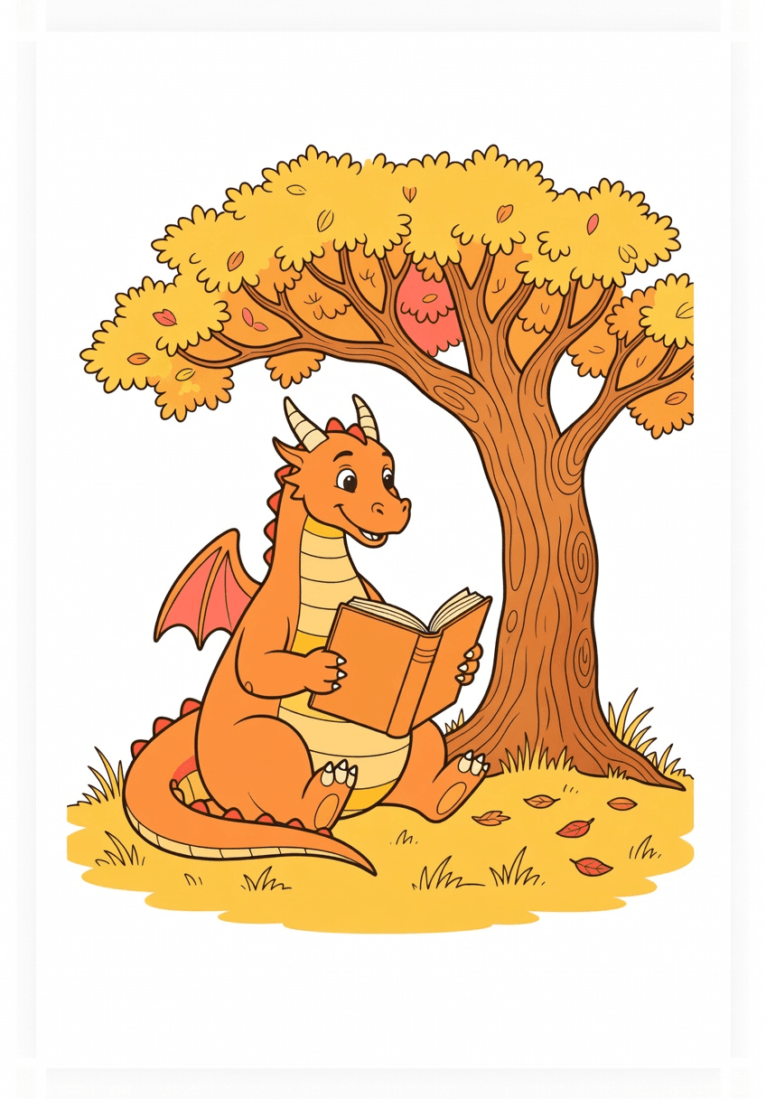 A friendly dragon reading a book beneath an old oak… | Coloring Inspiration | Colored Coloring Page