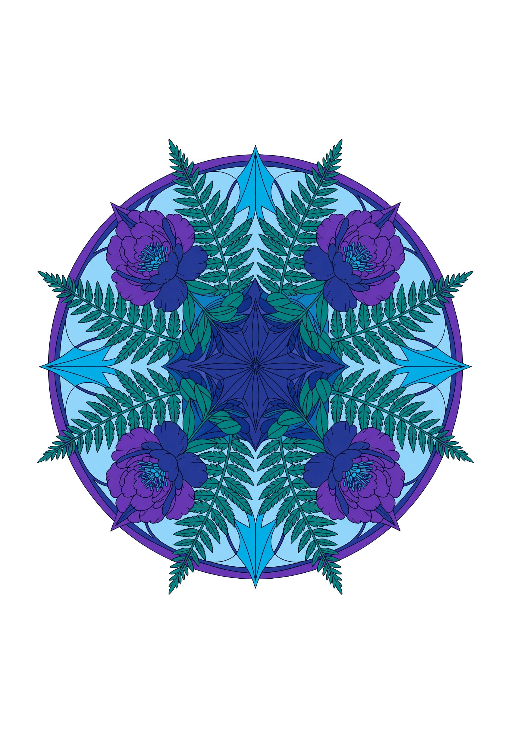 Peonies and ferns in a circular composition | Coloring Inspiration | Colored Coloring Page