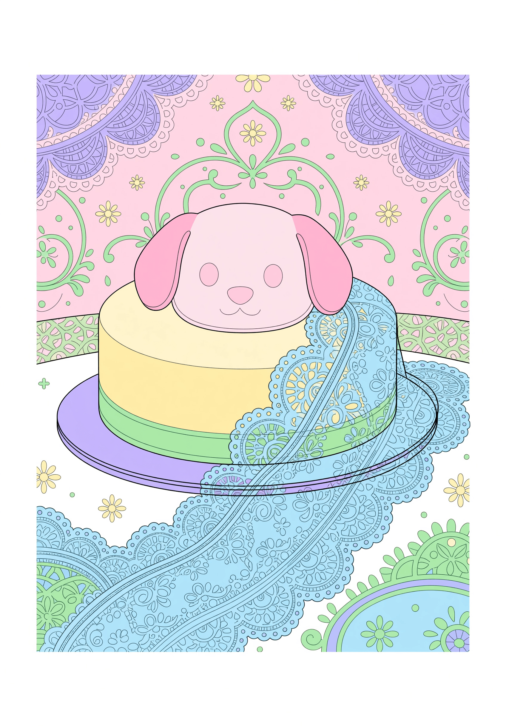 线条小狗蛋糕,一层蛋糕,旁边有蕾丝, | Coloring Inspiration | Colored Coloring Page