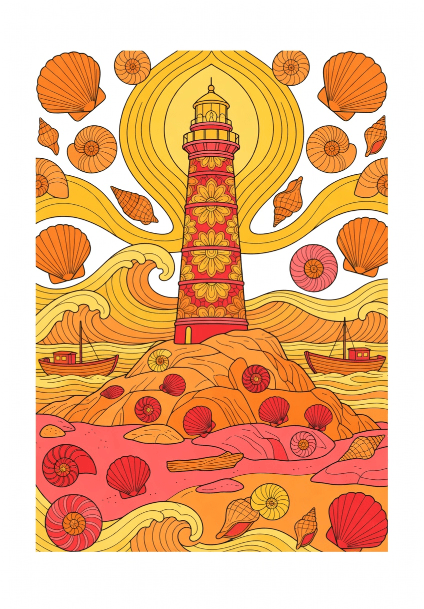 A cozy seaside lighthouse with shells, boats, and ge… | Coloring Inspiration | Colored Coloring Page