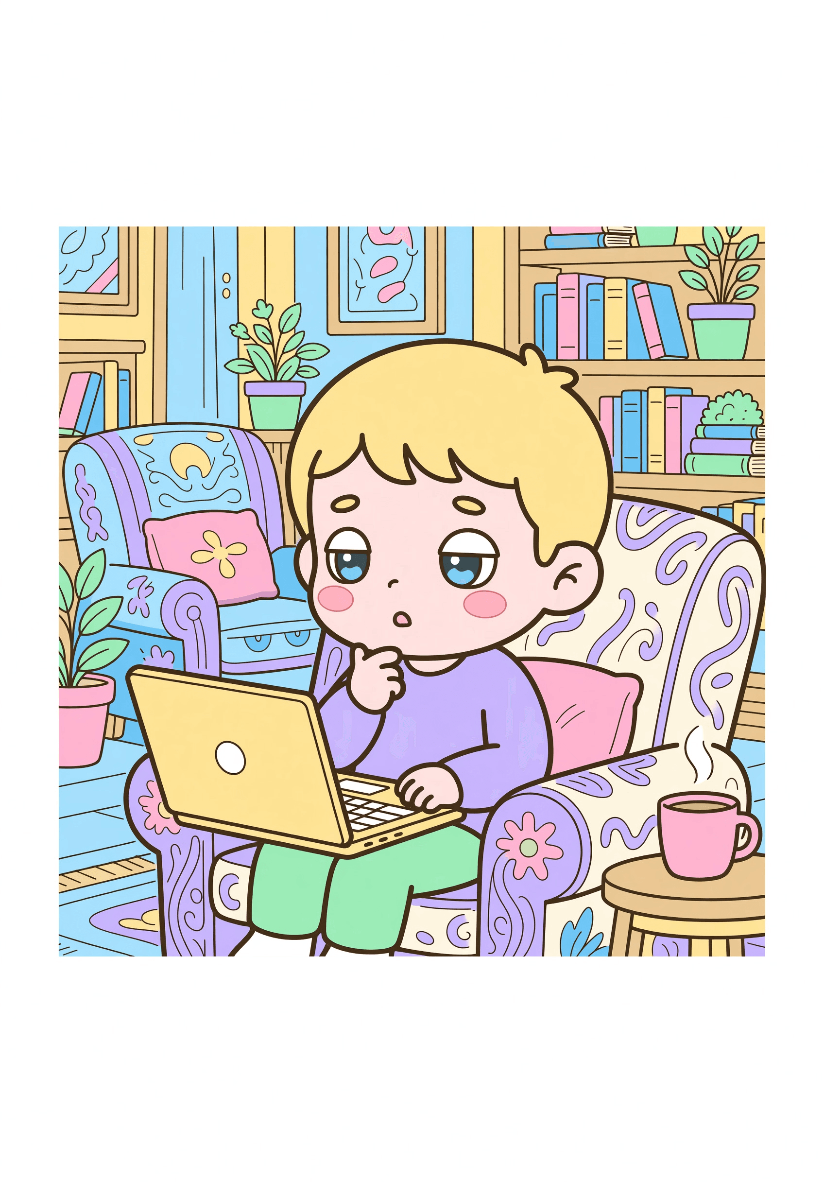 发呆的萌萌的人,手里拿着电脑 | Coloring Inspiration | Colored Coloring Page