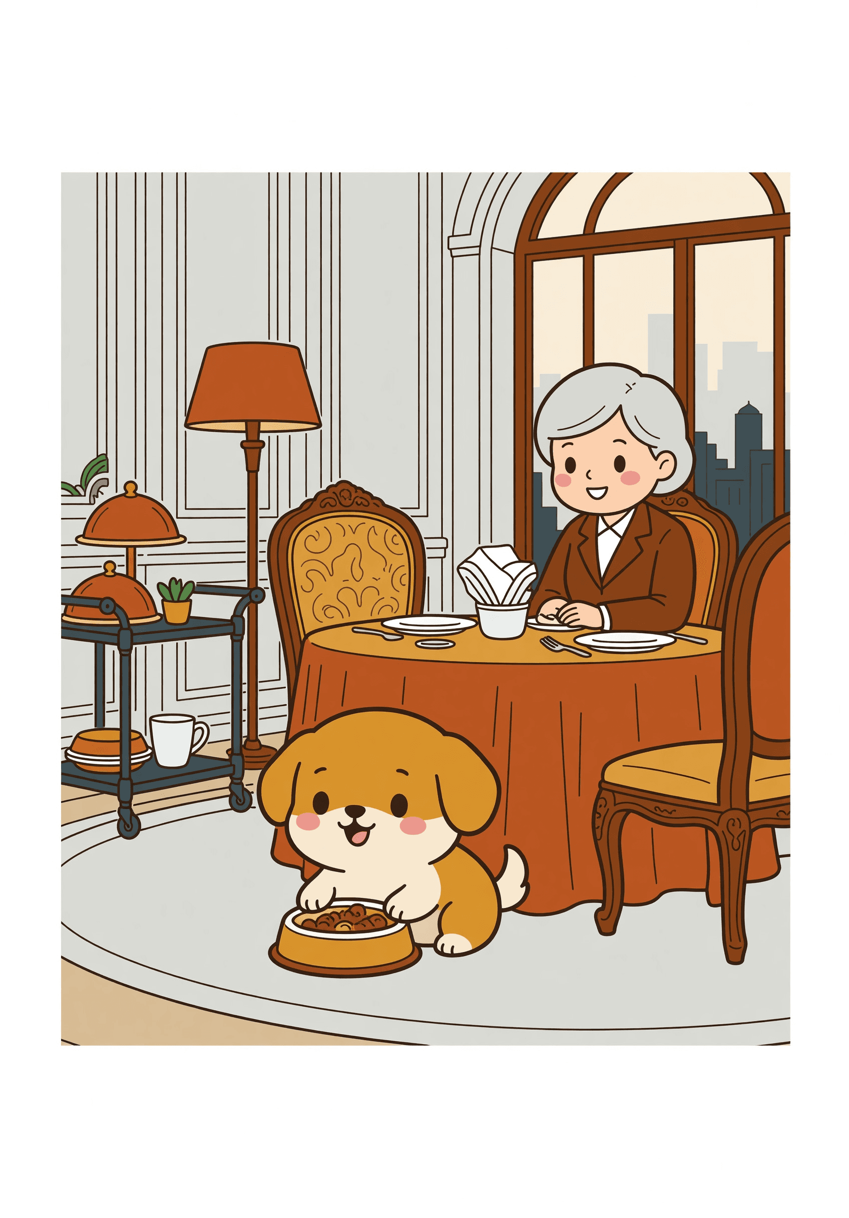 超呆萌的小狗,它很幸福在吃晚饭,在豪华大酒店,跟它的主人 | Coloring Inspiration | Colored Coloring Page