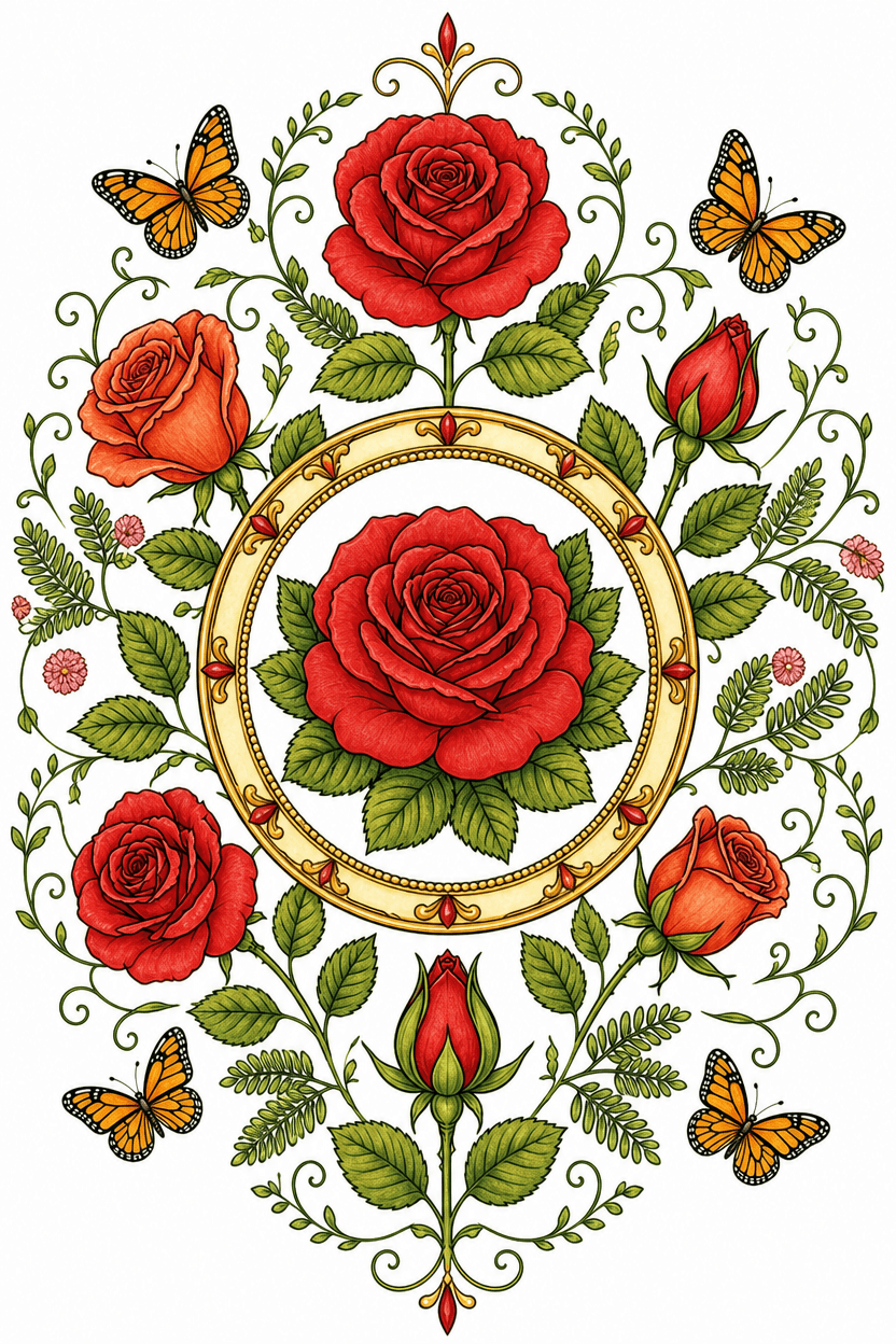 A central plate featuring a full-bloomed rose surrou… | Coloring Inspiration | Colored Coloring Page