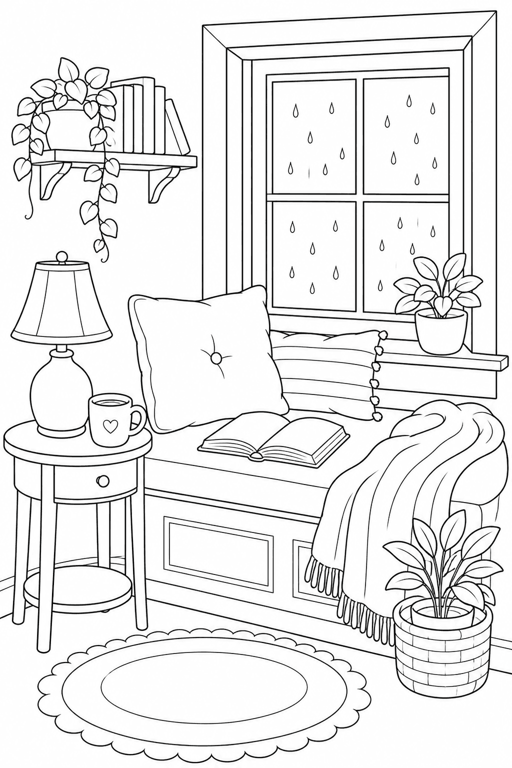 Printable cozy reading nook with an open book, cushioned window seat, blanket and rainy window