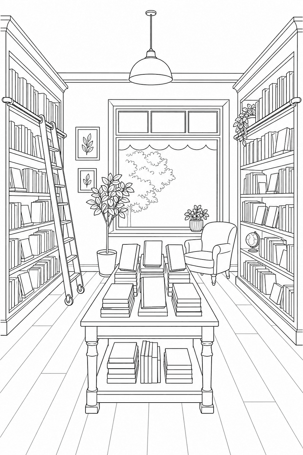 Detailed printable cozy bookshop with shelves, display table, rolling ladder and reading chair