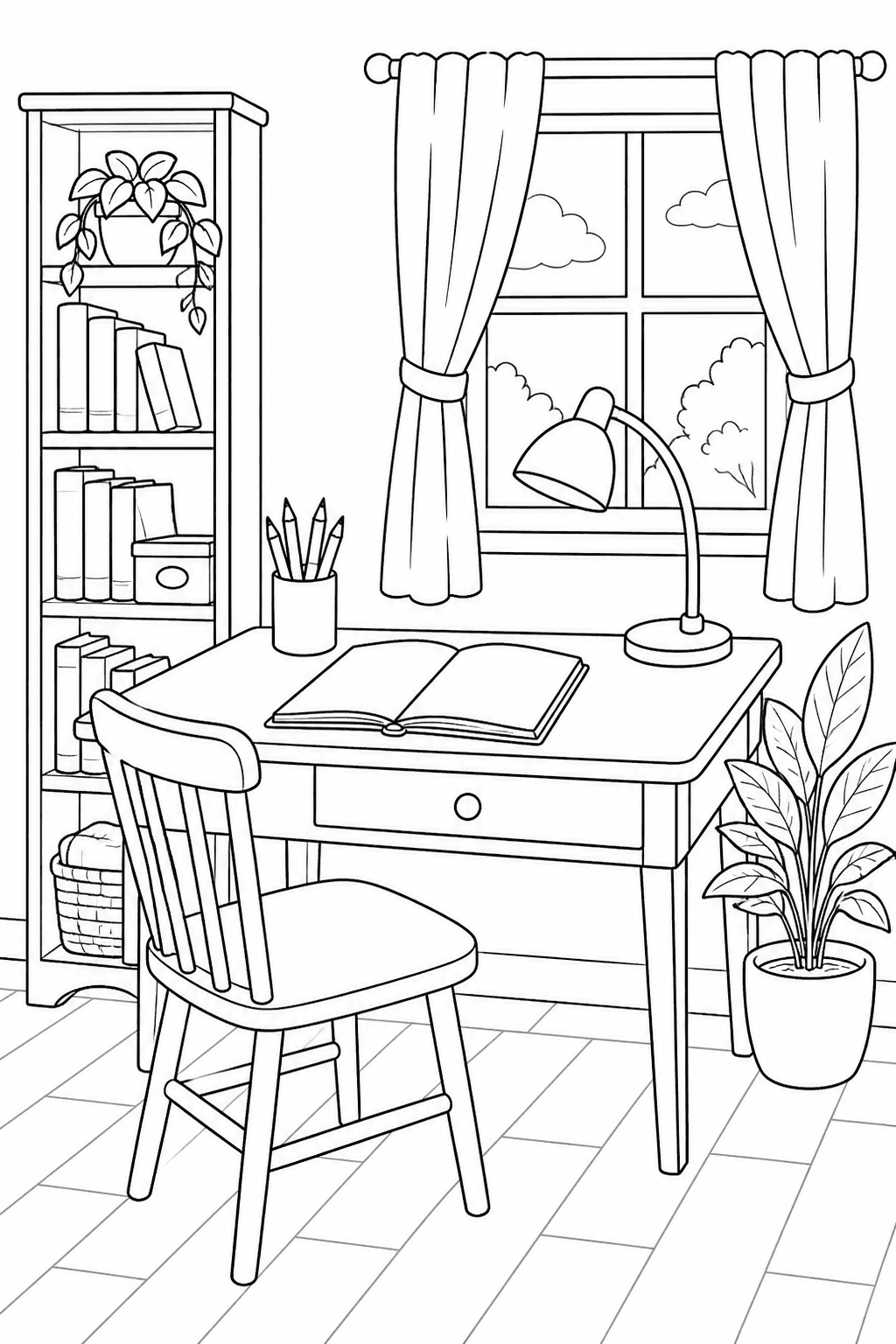 Printable cozy home office with writing desk, blank notebook, bookcase, lamp and window plant
