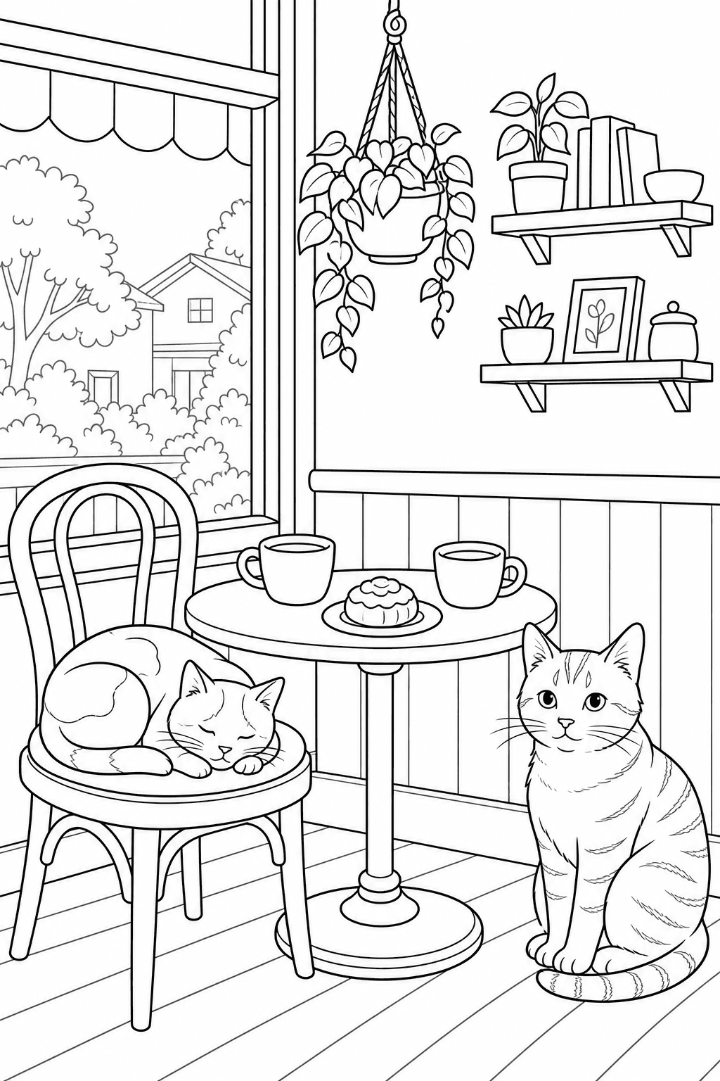 Printable cozy cat cafe with two cats, a round table, cups, pastry and window plant