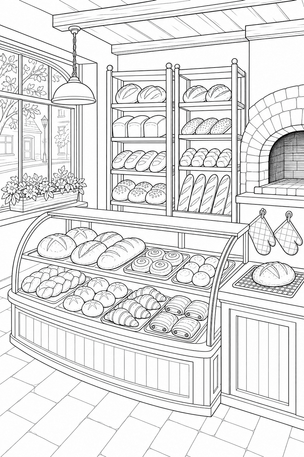 Detailed printable cozy bakery with bread display counter, pastries, bread racks and brick oven