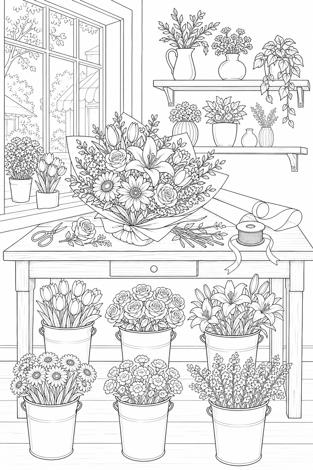 Detailed printable cozy flower shop with bouquet worktable, flower buckets, wrapping paper and ribbon