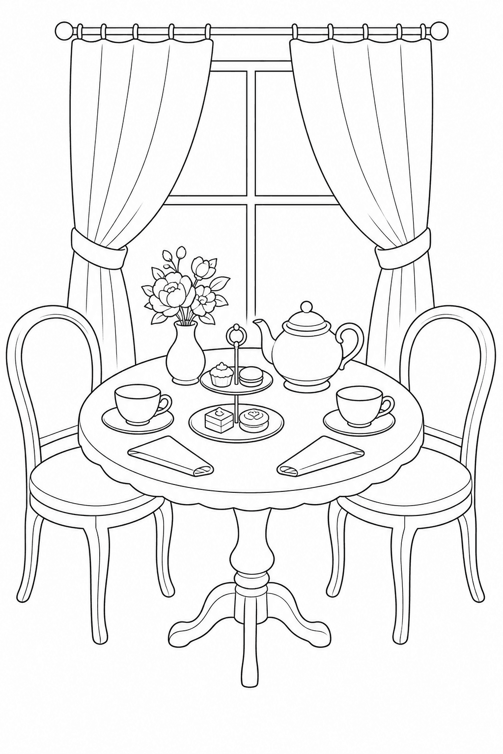 Printable cozy afternoon tea table with teapot, two cups, treats, flowers and chairs