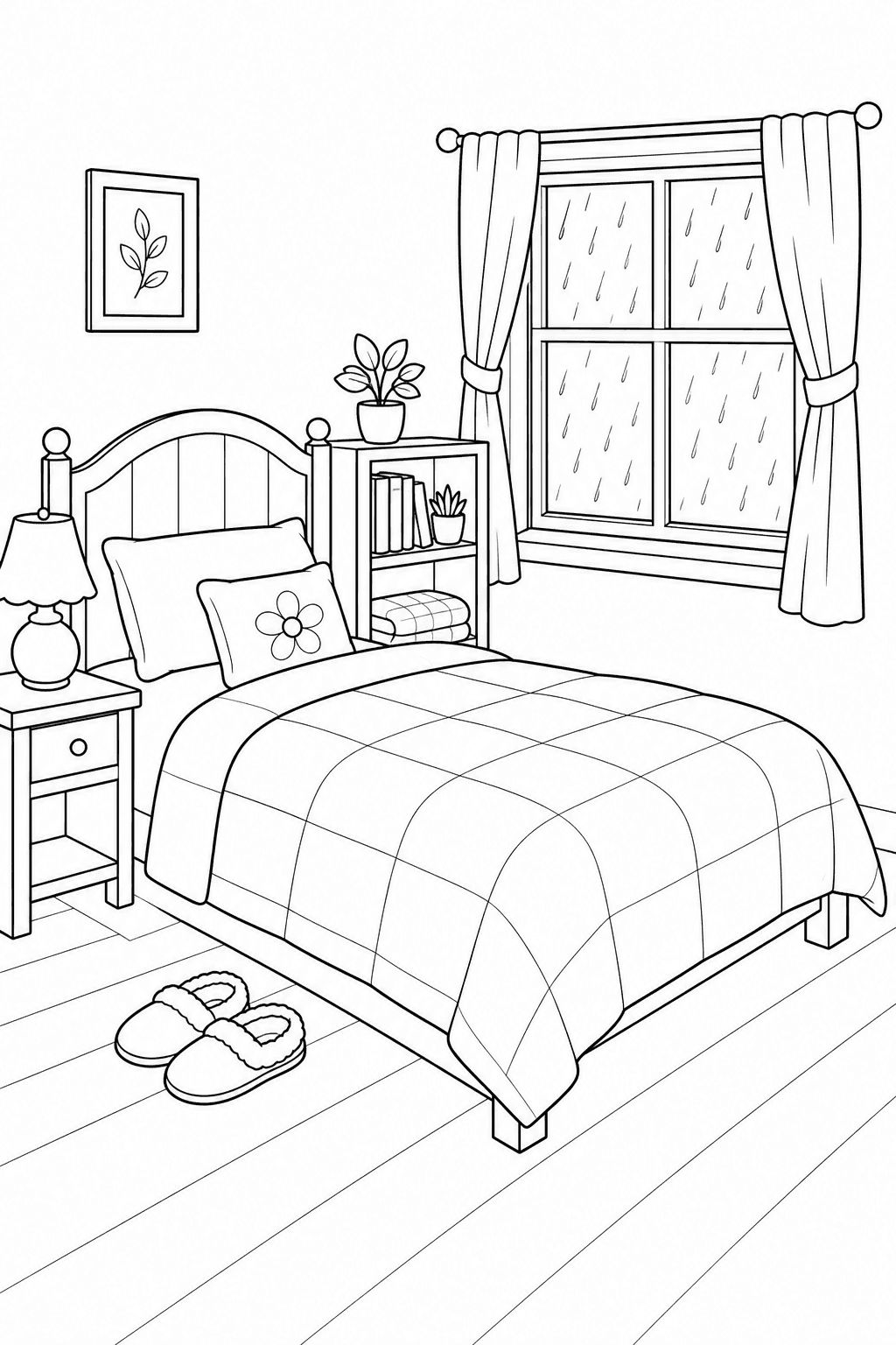 Printable cozy rainy bedroom with quilted bed, lamp, slippers, bookshelf and window