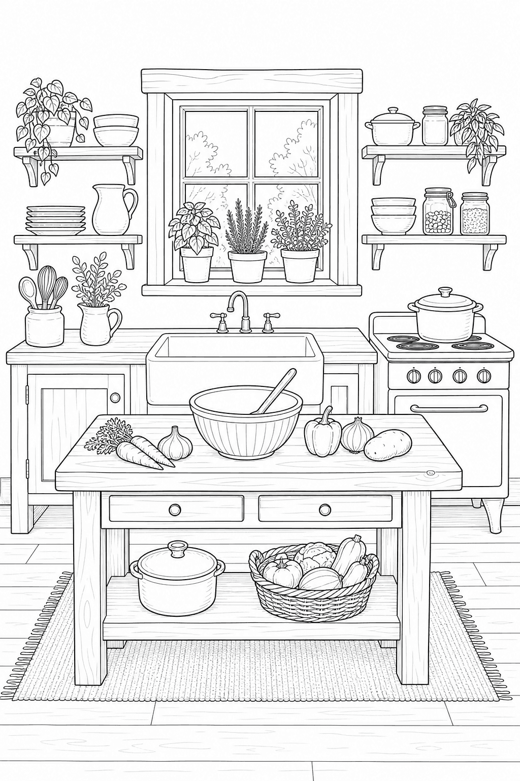 Detailed printable cozy cottage kitchen with worktable, vegetables, mixing bowl, sink and herb pots