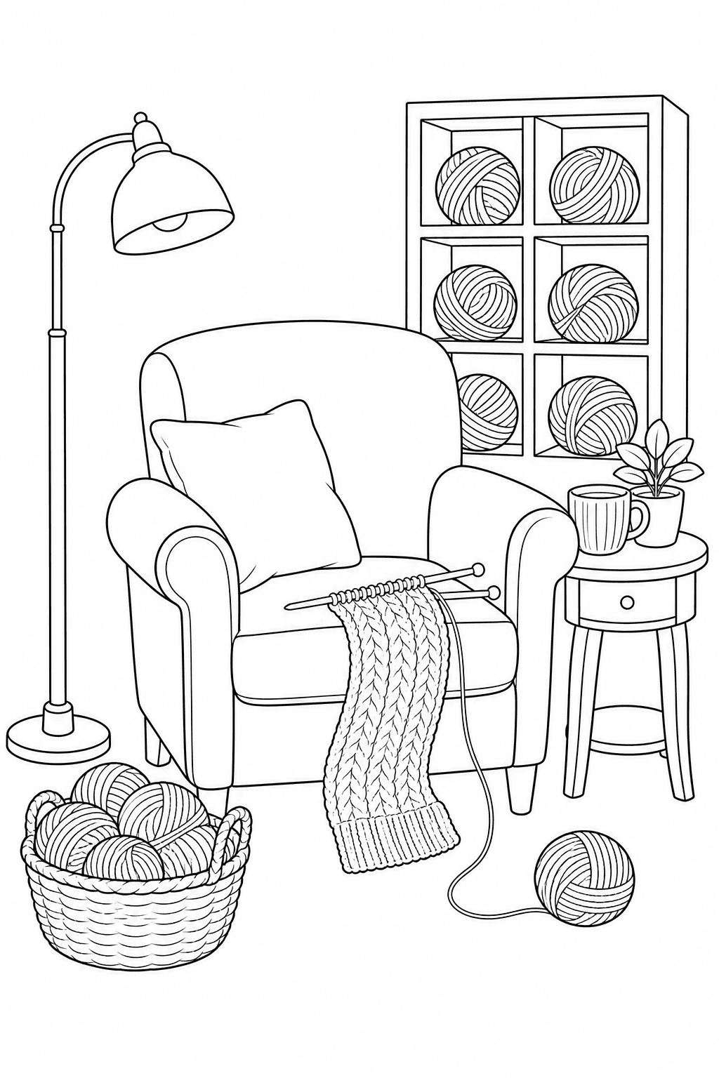 Printable cozy knitting room with chair, yarn basket, knitting supplies and lamp