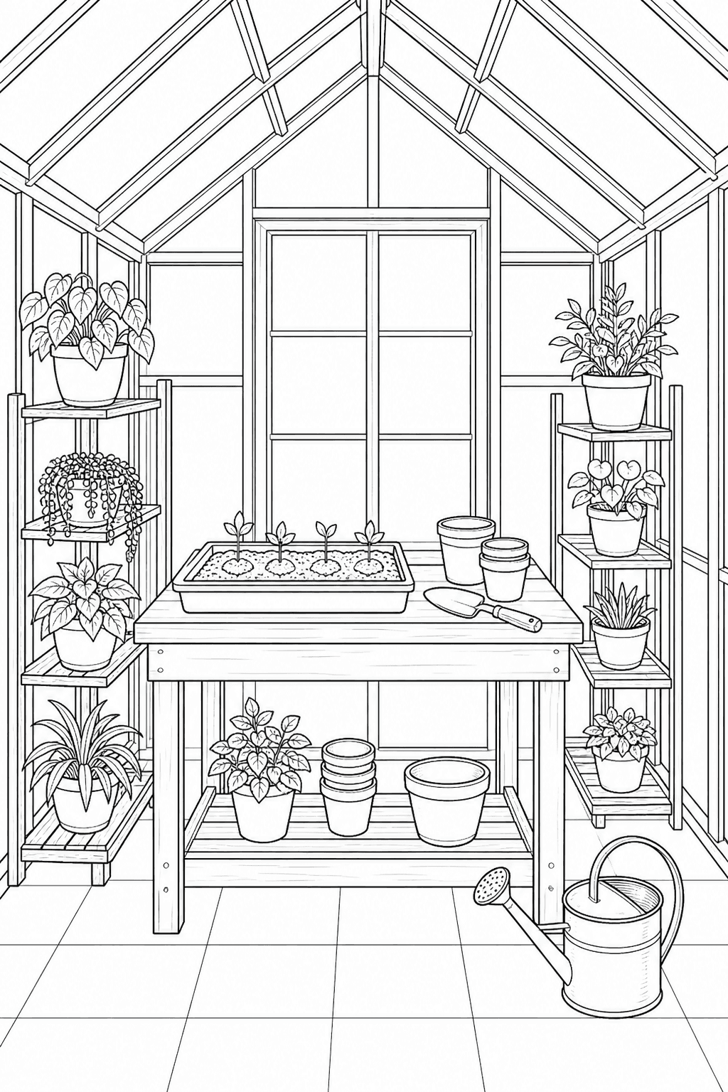 Detailed printable cozy greenhouse with potting bench, seedlings, shelves and watering can