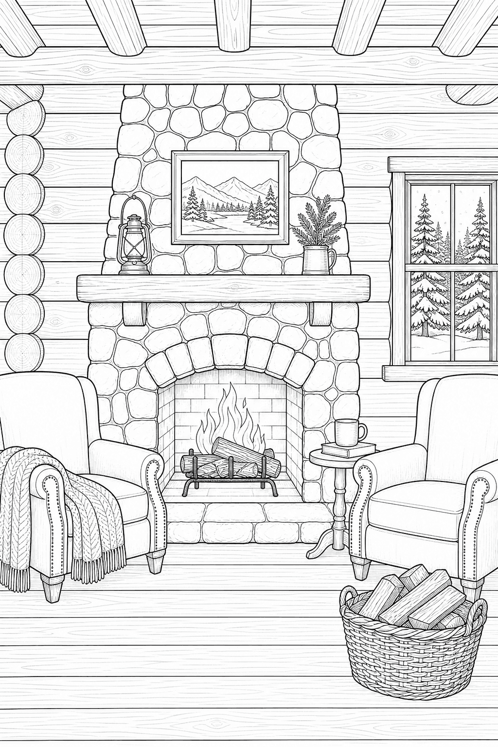 Detailed printable cozy winter cabin with stone fireplace, chairs, firewood and snowy pine view
