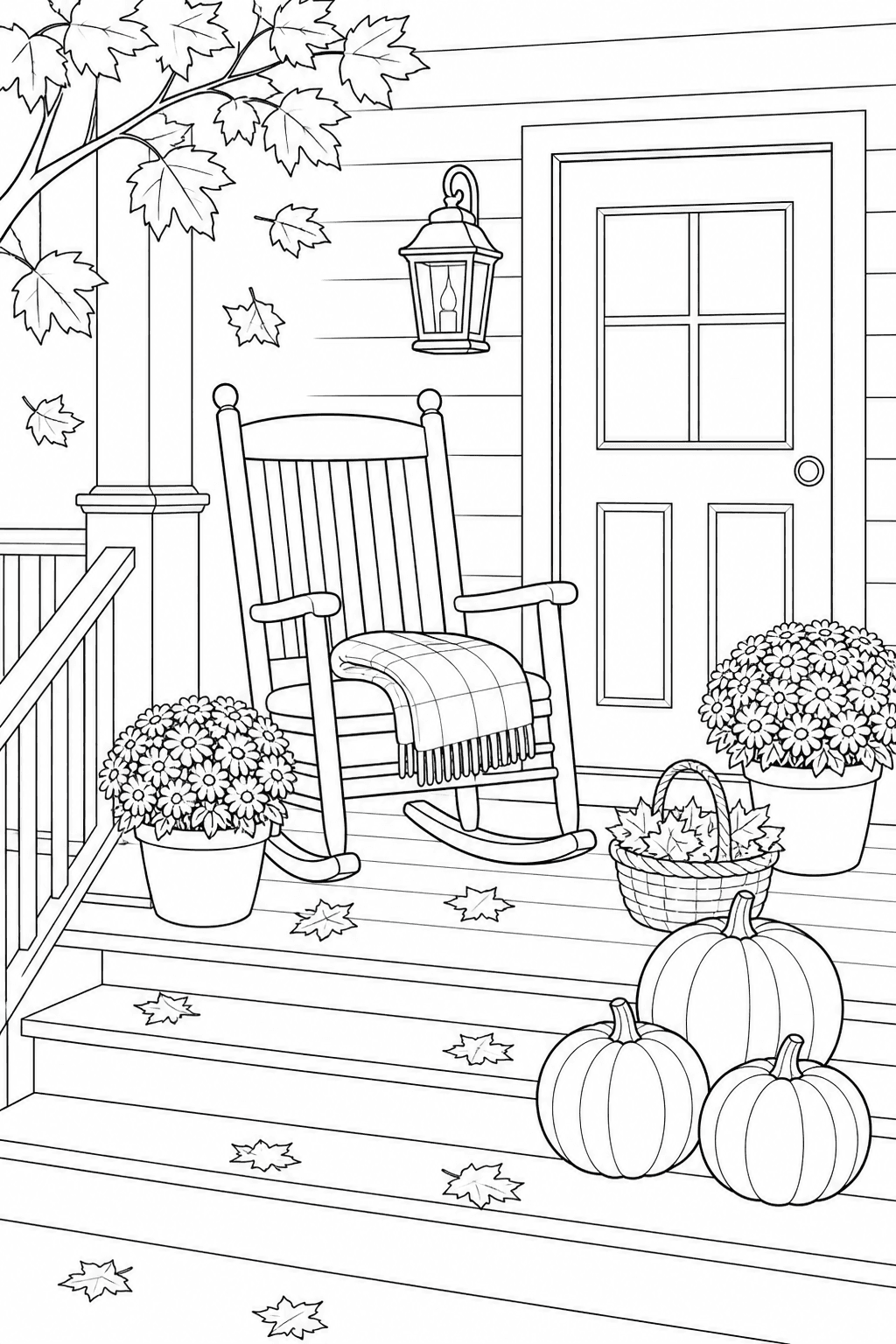 Printable cozy autumn porch with rocking chair, folded blanket, pumpkins, lantern and mums