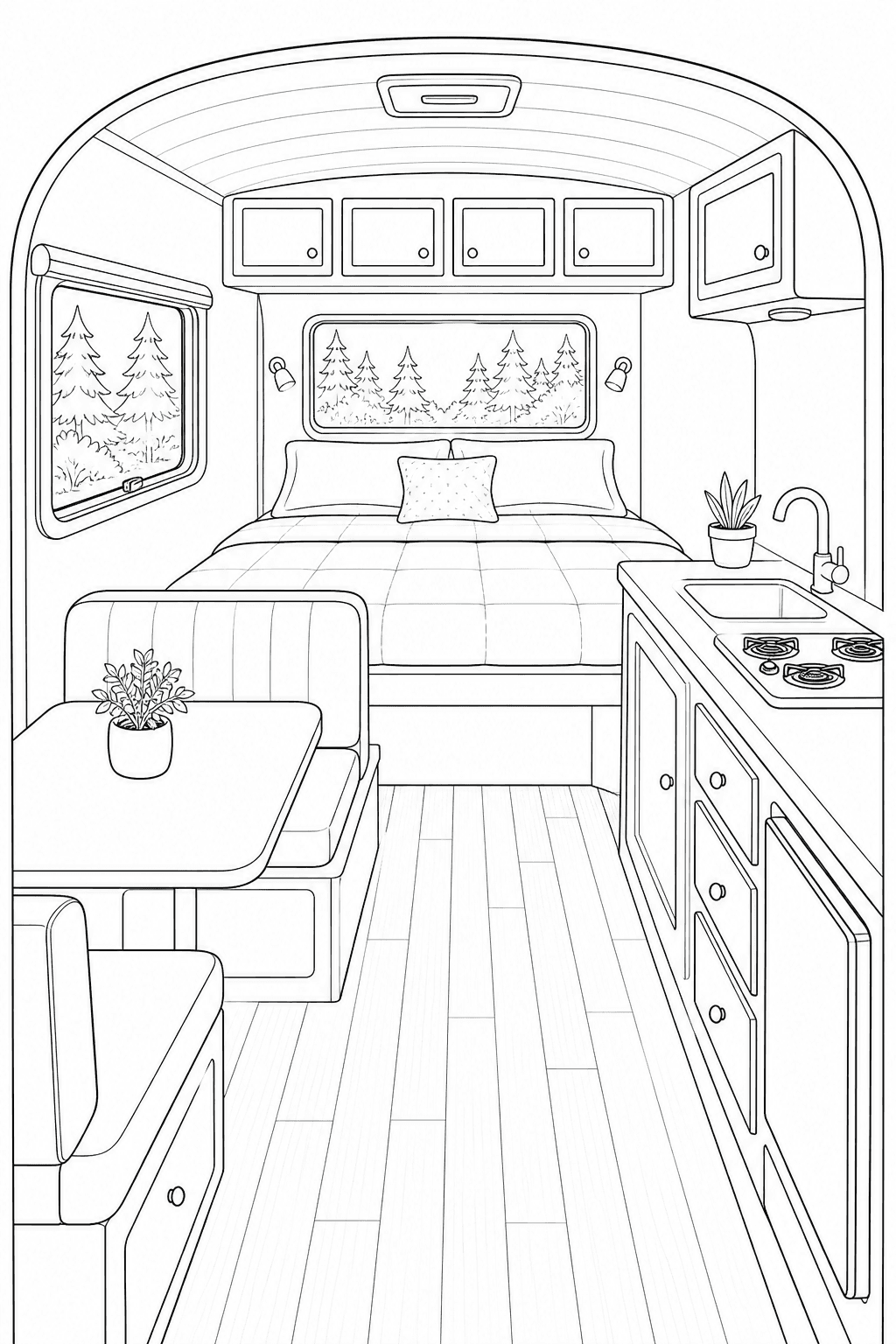 Printable cozy camper interior with bed, two-seat table, kitchenette, storage cubbies and forest view