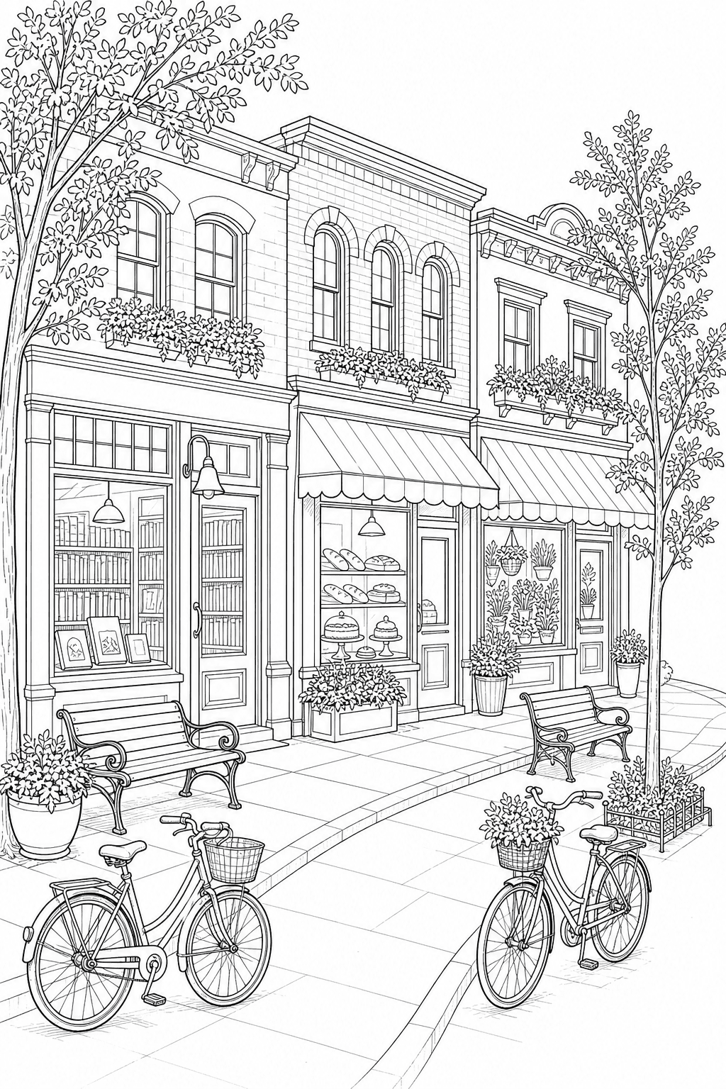 Detailed printable cozy small-town street with storefronts, benches, bicycles, planters and trees