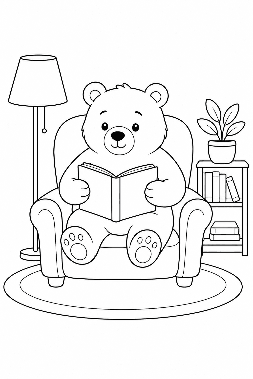 Printable cozy bear reading an open book in an armchair with lamp, shelf and plant