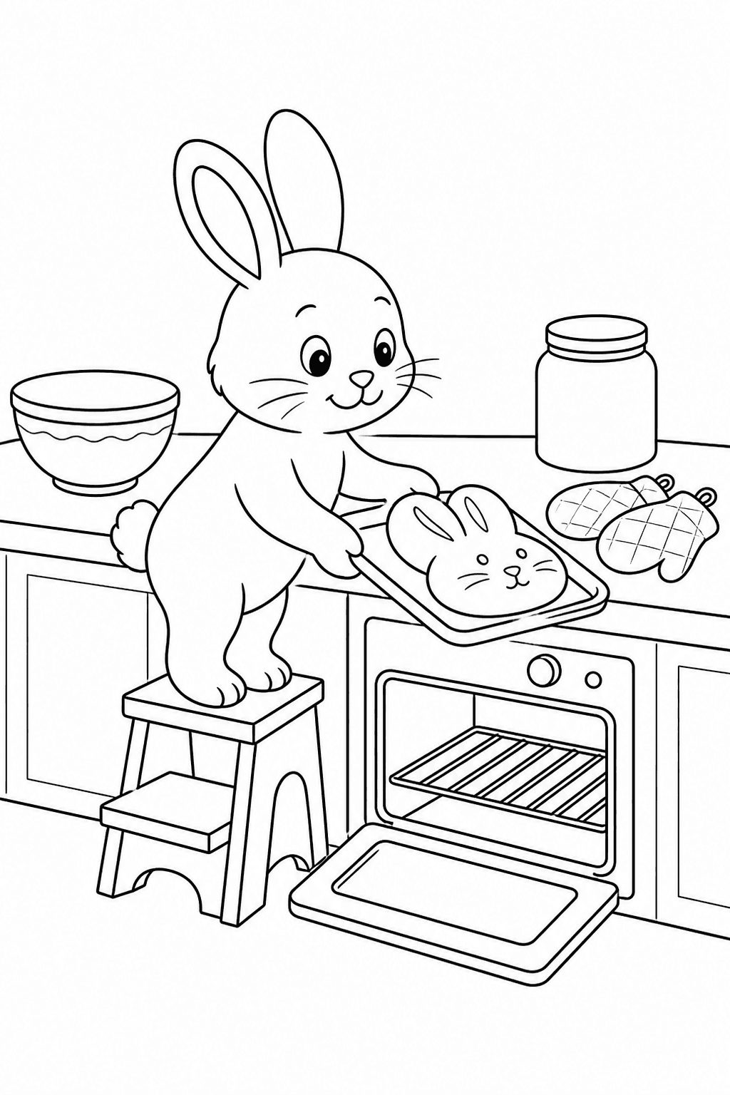 Printable cozy bunny placing bread on a tray beside a bowl, oven mitts and a small oven