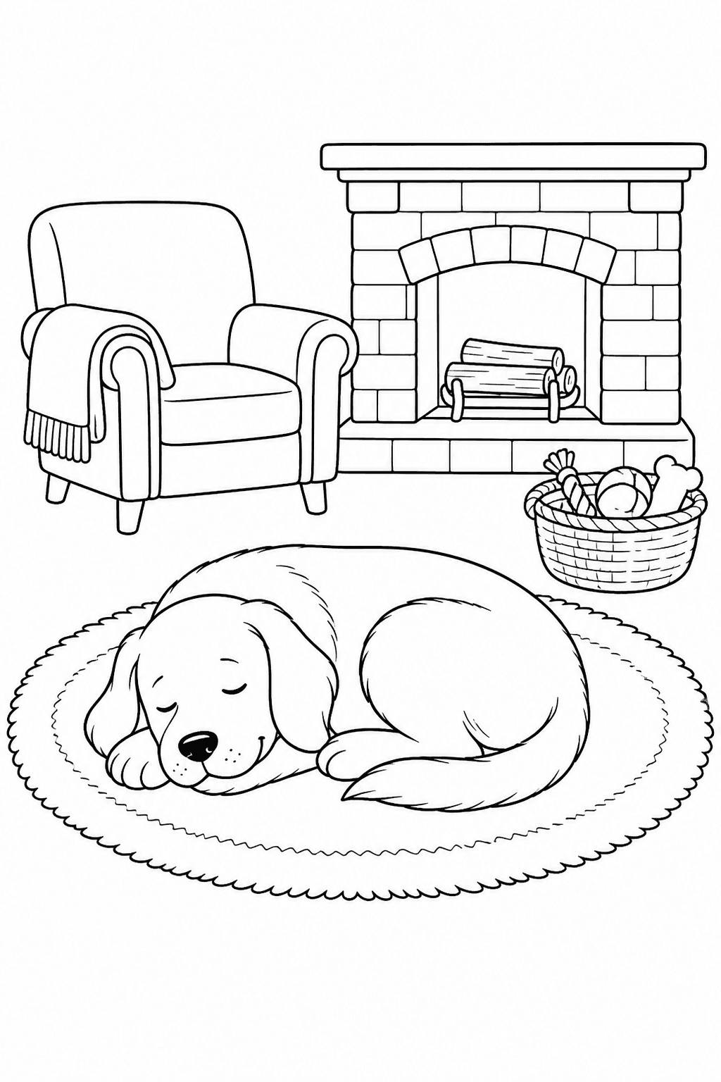 Printable cozy dog sleeping on a round rug beside a contained fireplace, chair and blanket