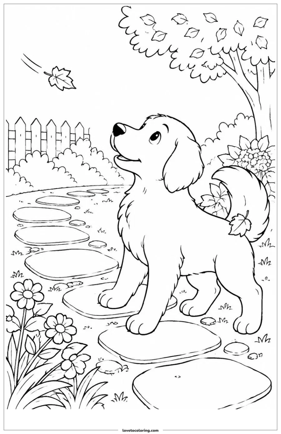 Dibujo para colorear de perro mirando una hoja que cae