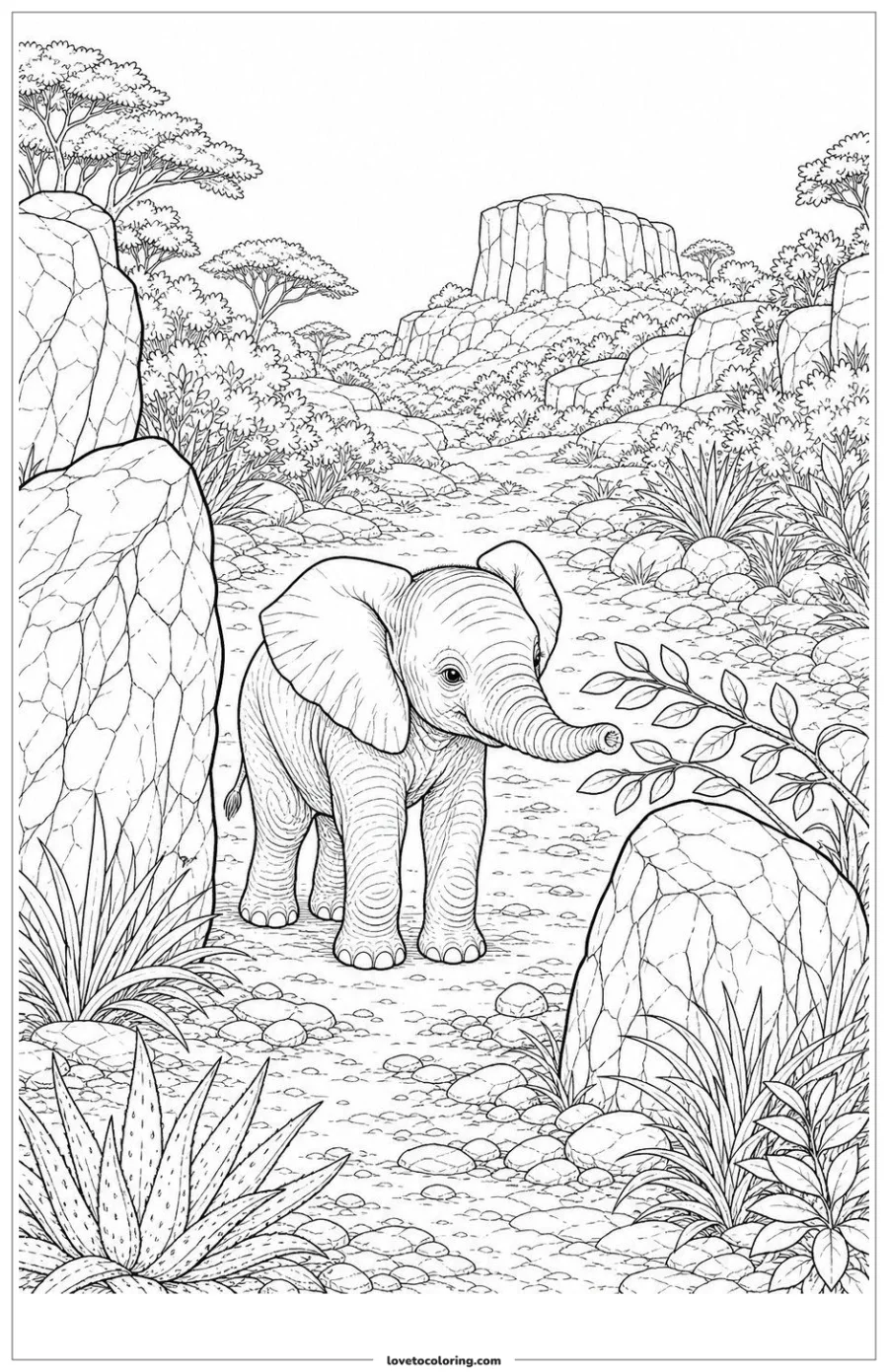 Dibujo para colorear de baby elephant on a habitat path