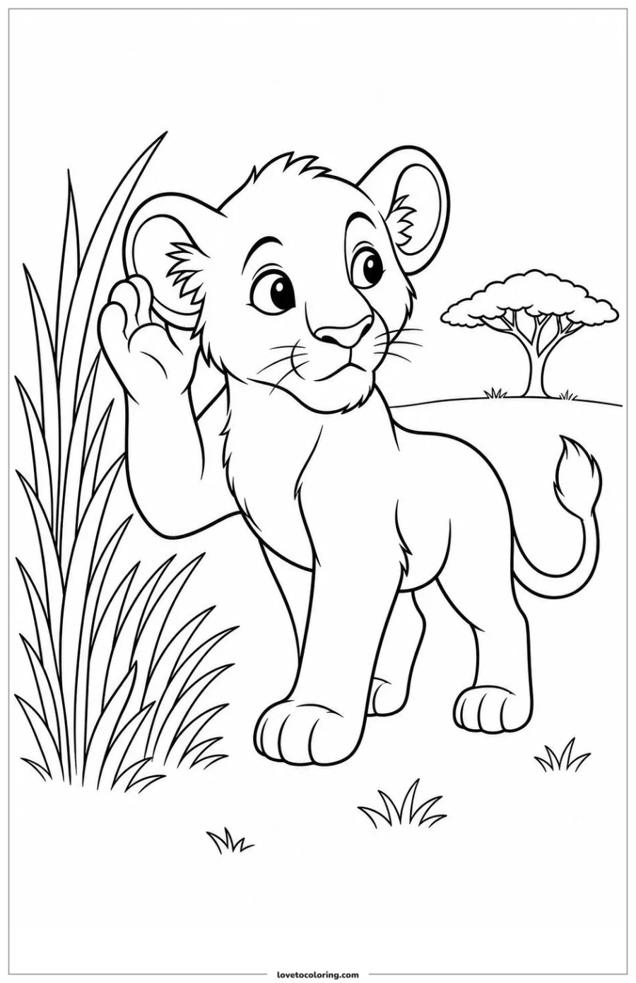 Dibujo para colorear de lion cub pausing to listen beside tall grass