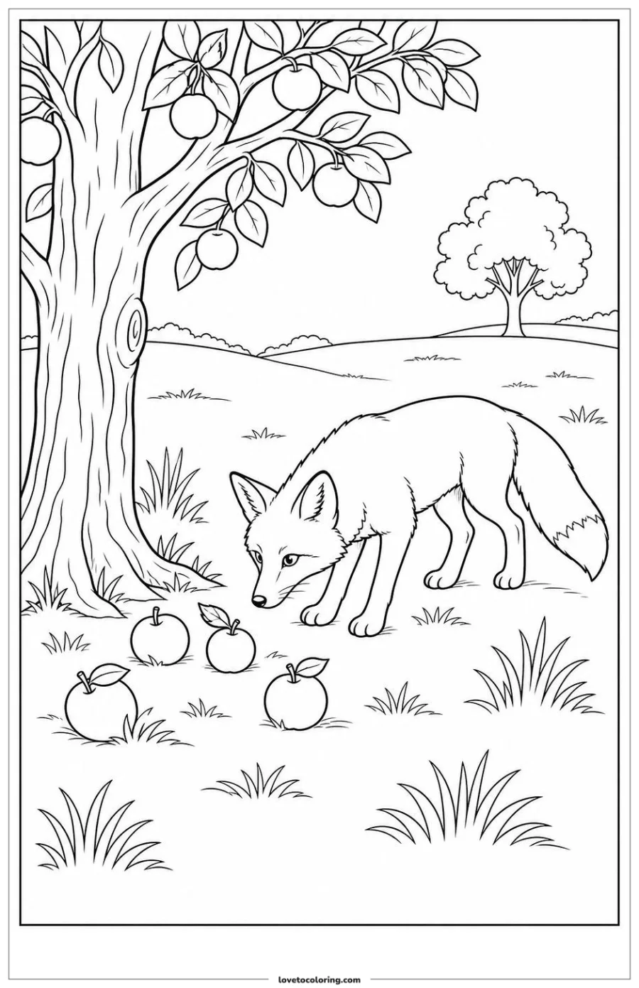 Dibujo para colorear de fox investigating fruit beneath a tree