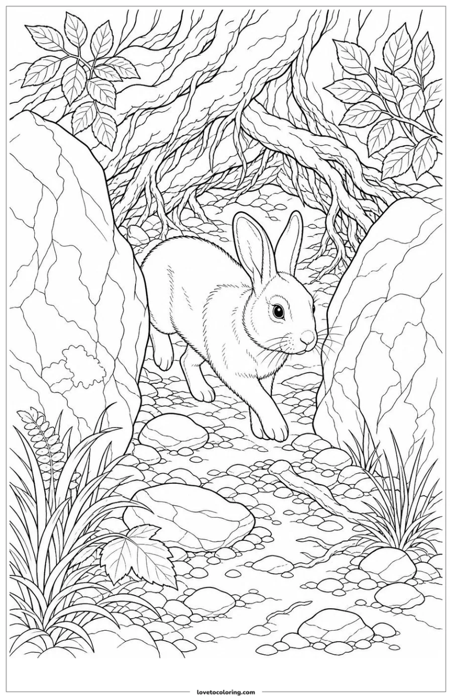 Dibujo para colorear de rabbit crossing between two large rocks