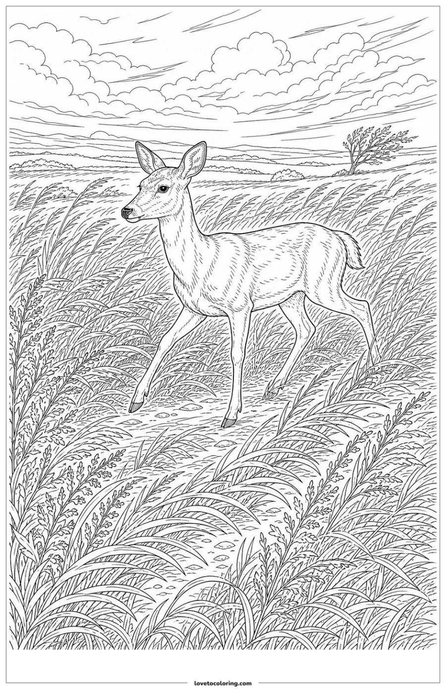 Dibujo para colorear de deer moving through wind-bent grass