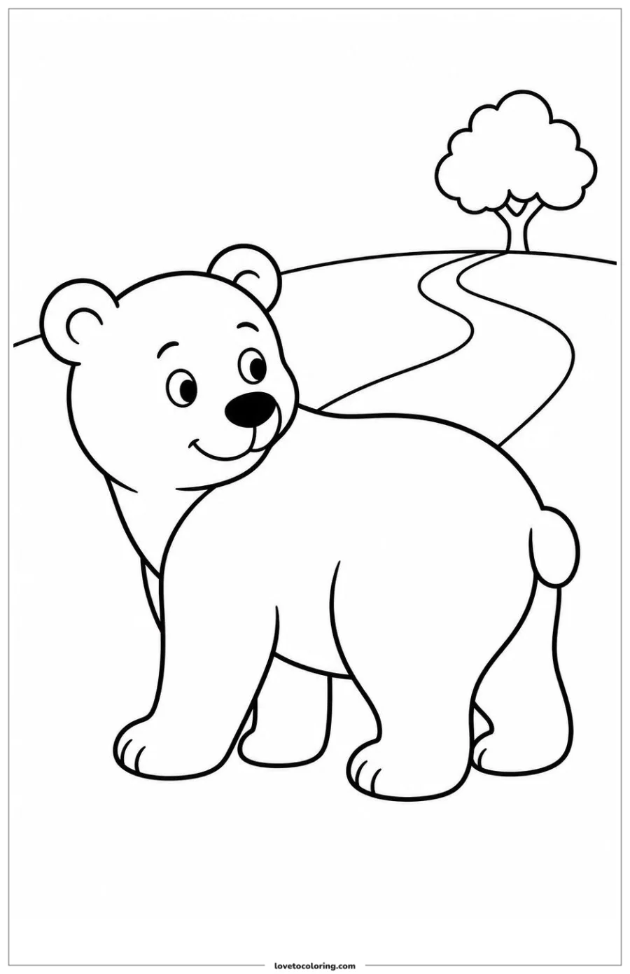 Dibujo para colorear de bear looking back toward a distant family trail