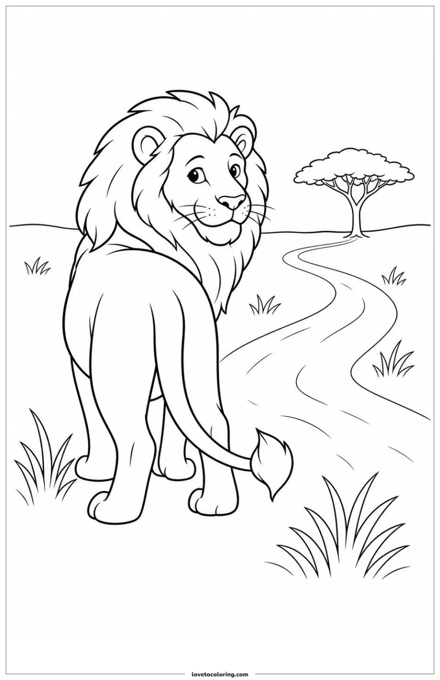 Dibujo para colorear de lion looking back toward a distant family trail