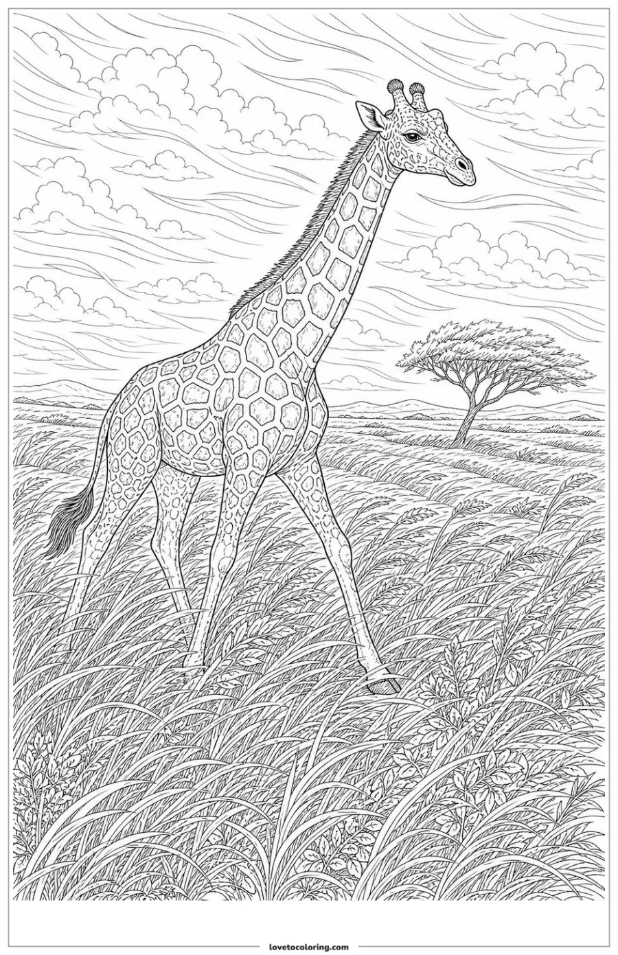 Dibujo para colorear de giraffe moving through wind-bent grass