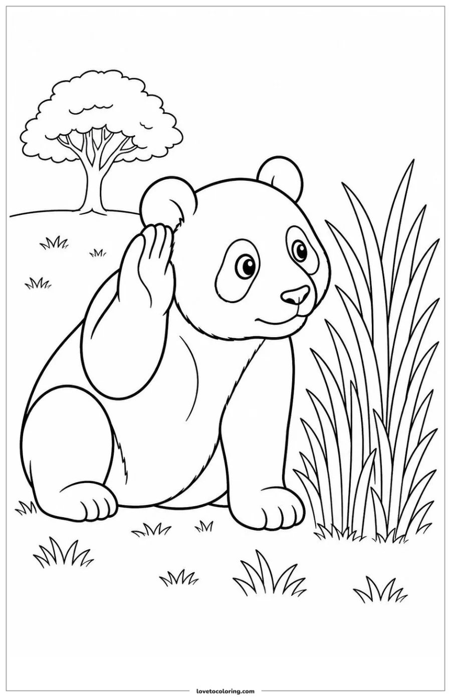 Black-and-white printable coloring page showing a panda pausing beside tall grass.