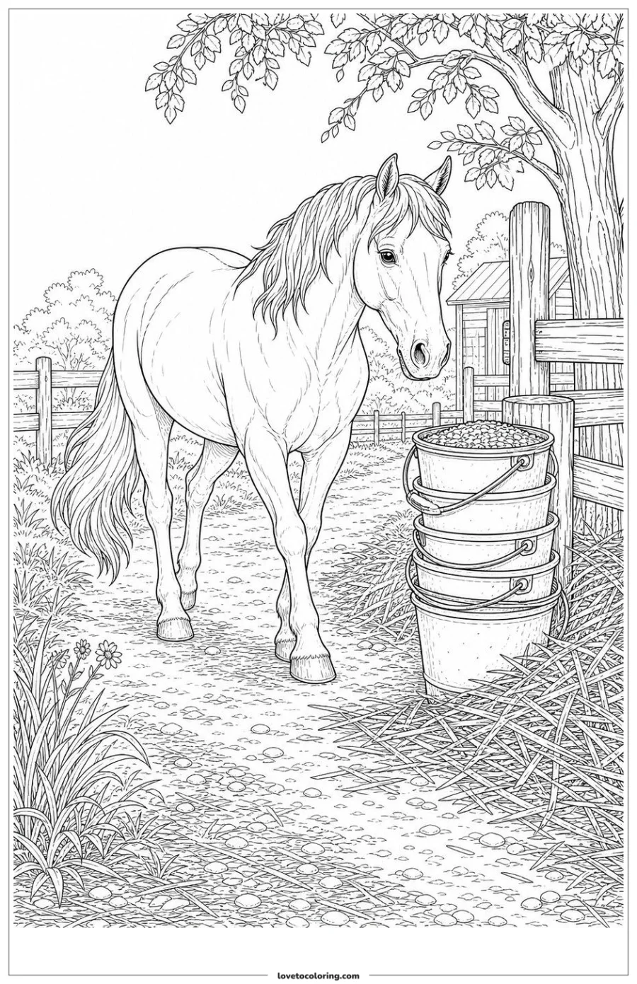 Dibujo para colorear de horse walking past stacked feed buckets