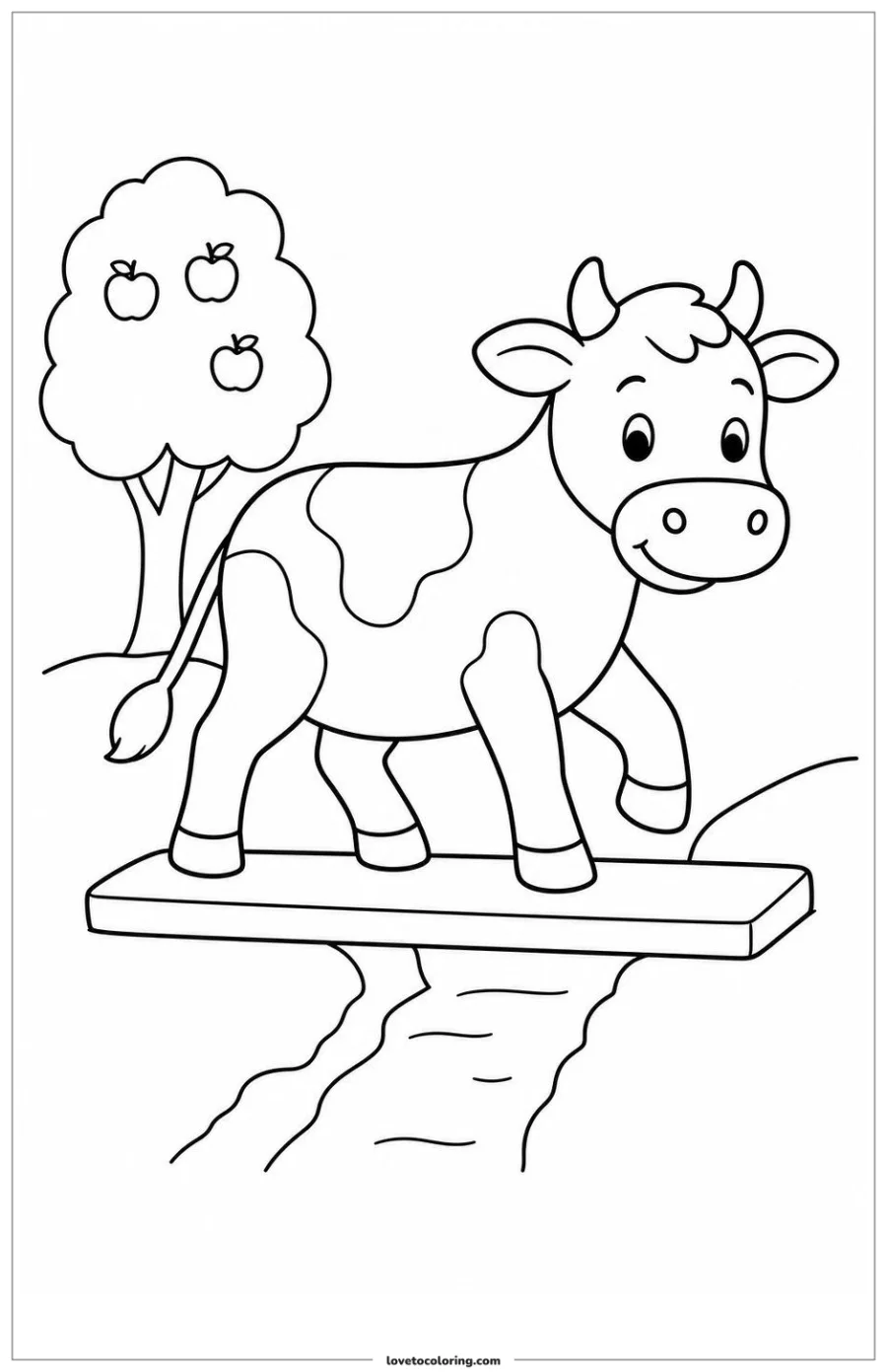 Dibujo para colorear de cow crossing a plank over a narrow ditch