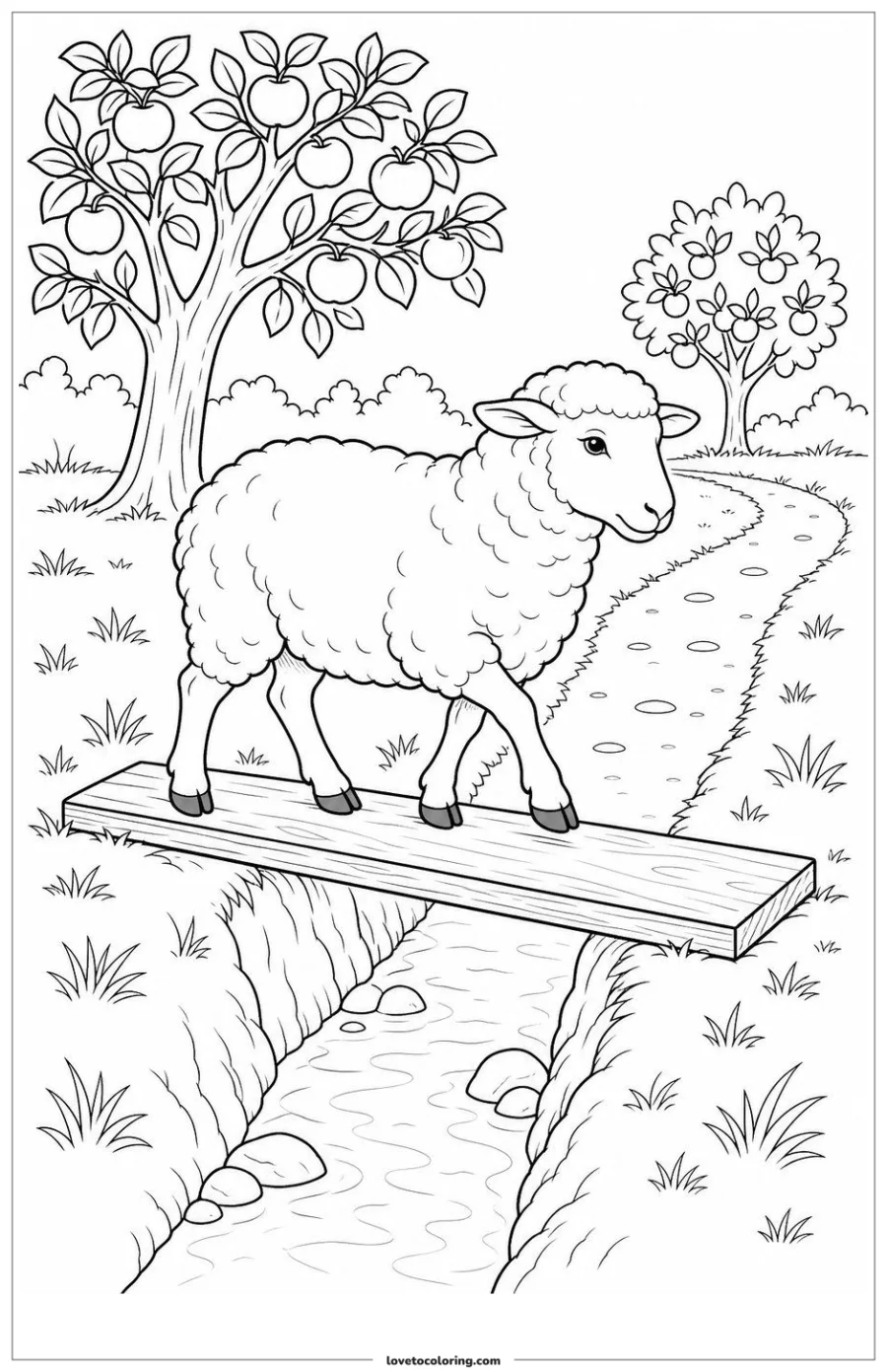 Dibujo para colorear de sheep crossing a plank over a narrow ditch