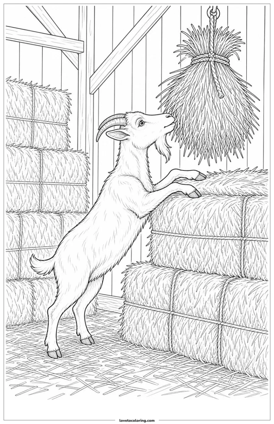 Dibujo para colorear de goat reaching toward a hay bundle