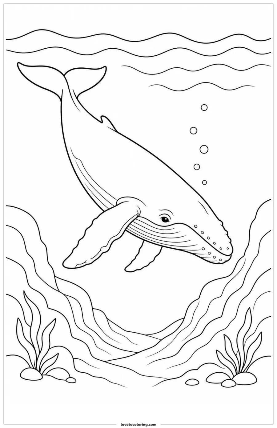 Dibujo para colorear de whale descending toward a broad ocean valley