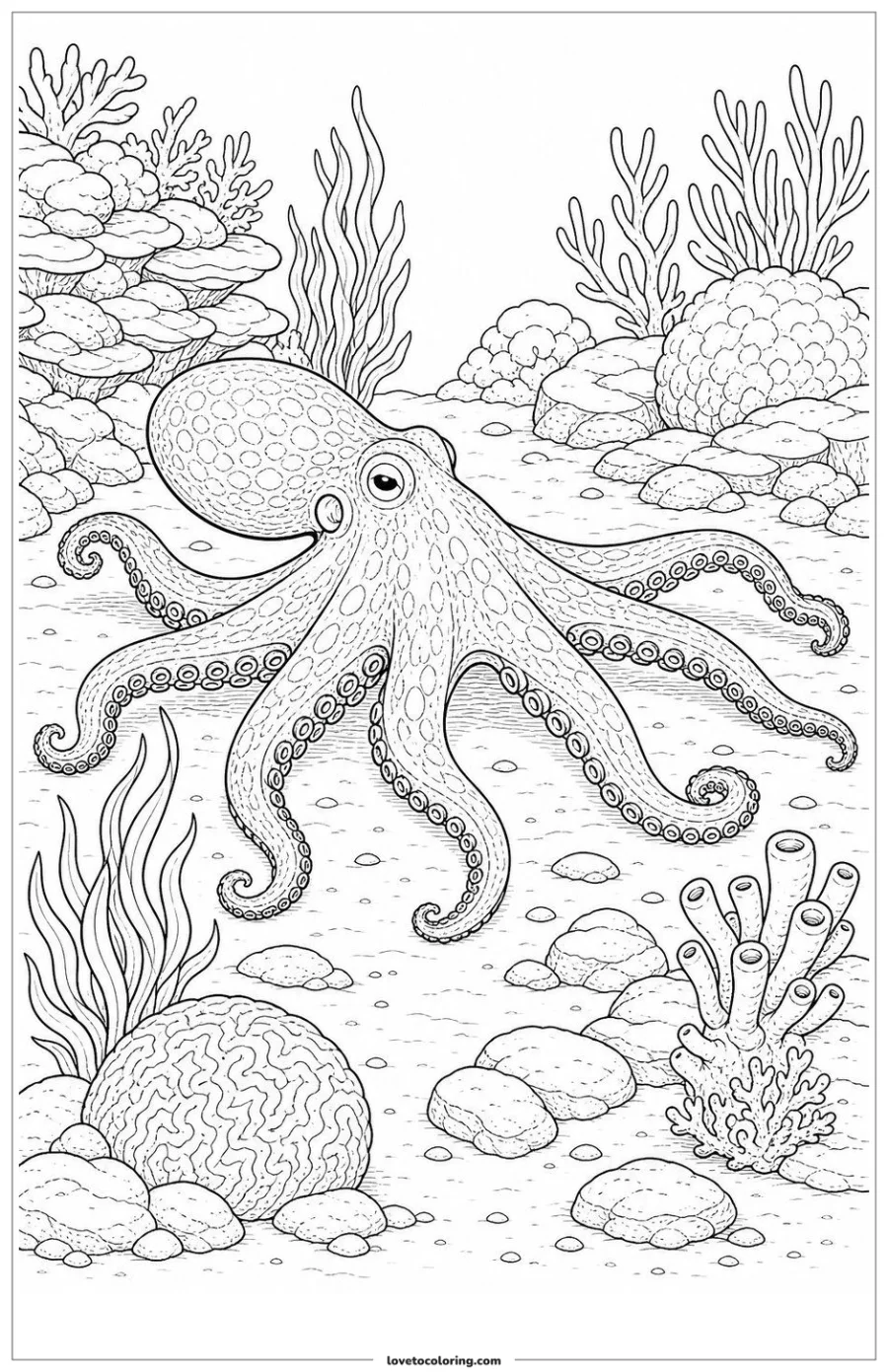Dibujo para colorear de octopus crossing a shallow lagoon floor