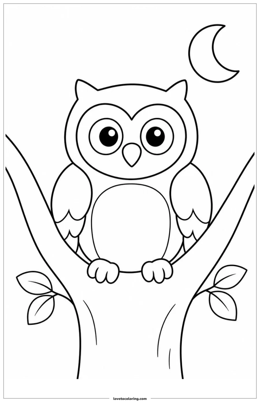 Black-and-white printable coloring page showing an owl balancing in the fork of a tree.