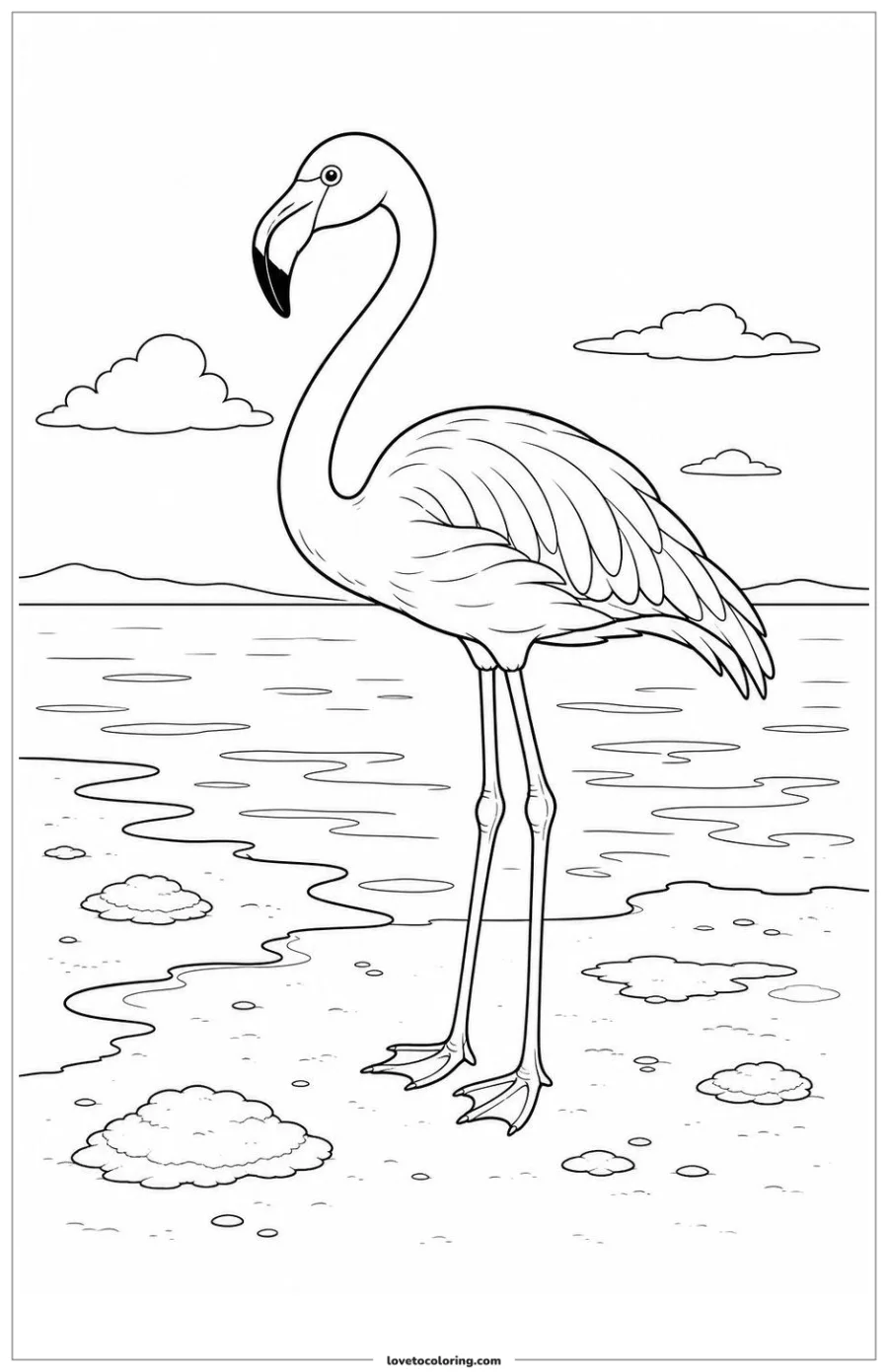 Black-and-white printable coloring page showing a flamingo standing against a distant water horizon.
