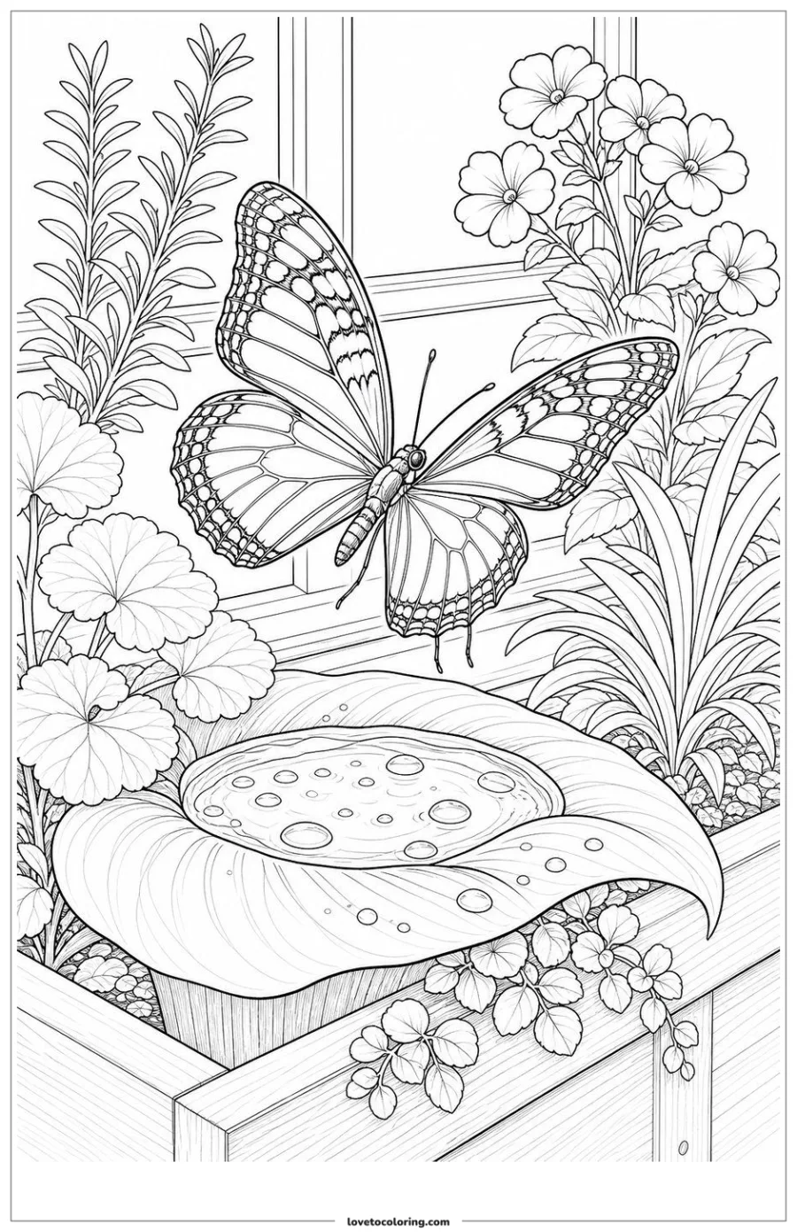 Dibujo para colorear de butterfly approaching a shallow raindrop pool