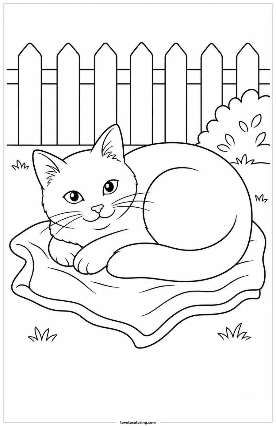 Black-and-white printable coloring page of a curled cat resting on a small blanket in a fenced backyard.