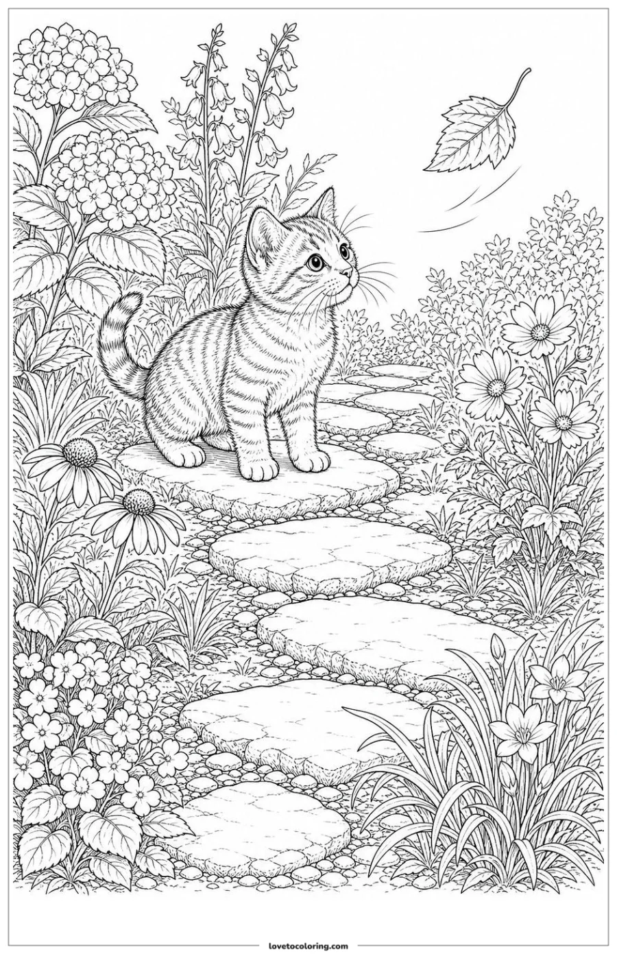 Black-and-white printable coloring page showing a kitten watching a leaf drift past.