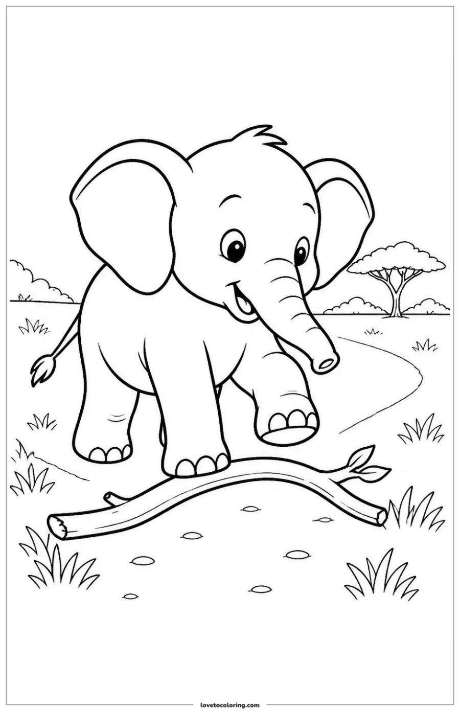Dibujo para colorear de baby elephant stepping over a fallen branch