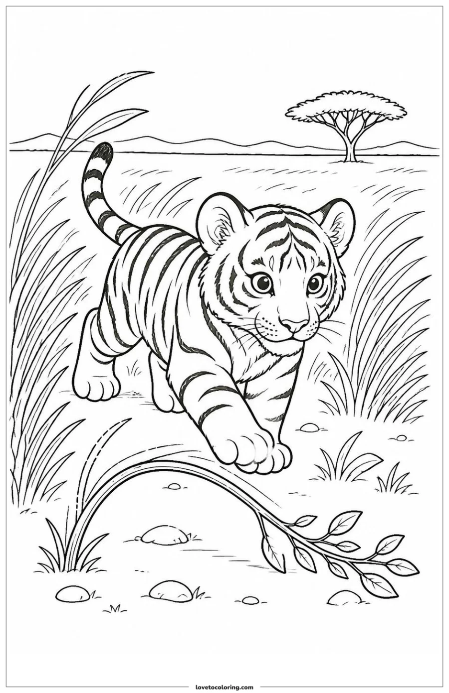 Dibujo para colorear de baby tiger moving through wind-bent grass
